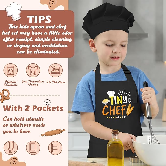 R HORSE 2 Pieces Kid Apron and Chef Hat Set, Dress up Role Play Chef Toy | Black Tiny Chef Adjustable Children Kitchen Apron with Pockets, Ideal for Cooking, Baking, Painting, Cooking Birthday Gift