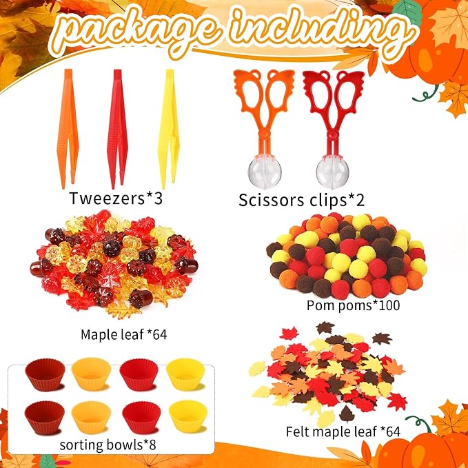 241 Pcs Fall Sensory Bin Fillers Fall Sensory Bin Items Fall Thanksgiving | Fine Motor Toys Counting Sorting Set,Felt Leaves,Acrylic Pumpkins,Pom Poms Sorting Cups,Tweezers for Preschool Education Acti