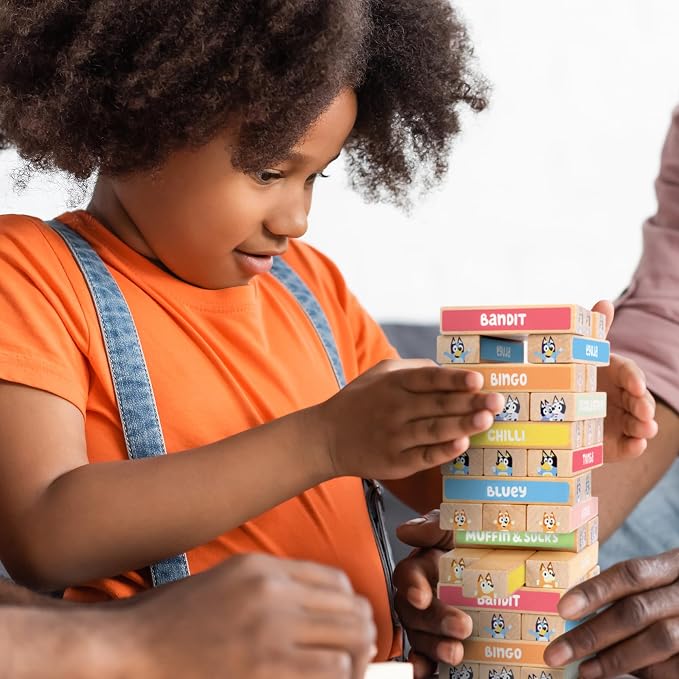 Bluey Tumbling Tower Game, 54 Illustrated Wooden Blocks, Ages 3+