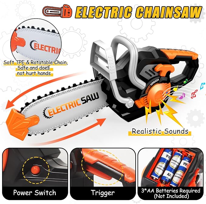 Toddler Tool Set, Kids Tool Box with Toy Chainsaw, Kids Toys for Boys 3-5 | 48 Pcs Construction Tools Kit with Electronic Toy Drill, Christmas Birthday Gifts for Boys Girls Ages 3 4 5 6 7 8, Orange