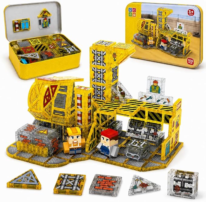 Mini Magnetic Tiles, Engineering Magnetic Blocks Travel Set for Kids 100PC | Magnetic Tiles with Storage Box, Engineering Theme Toys for Boy 3+, STEM Portable Travel Toy for Airplane Plane Car Road Trip
