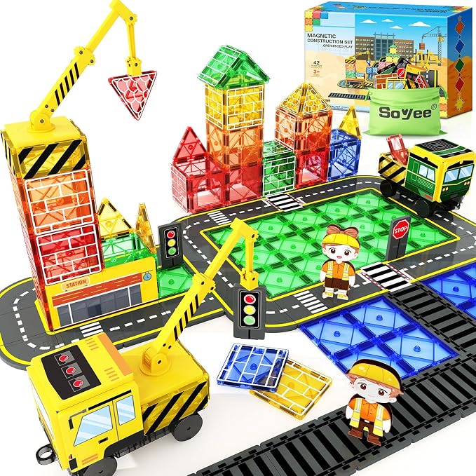 Magnetic Tiles with 2 Cranes, Magnetic Construction Toys STEM Building Toys | 2-in-1 Transportation Magnetic Building Blocks Boys Toys Gifts for Ages 3-12 STEM Learning Toy Develops Creativity