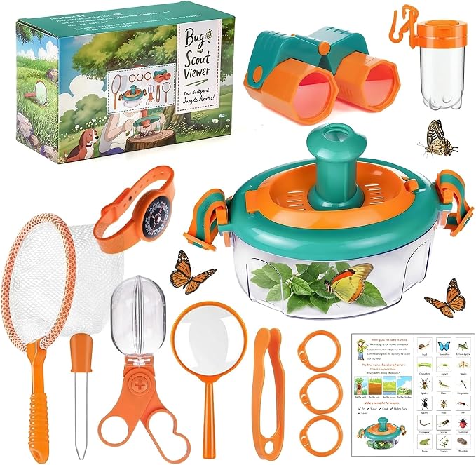 Bug Catcher Kit 13 Pcs - Insect Catching Set with Net, Habitat, Magnifier & Tweezers - STEM Outdoor Toy for Kids Age 3+ (Orange 13 Pcs)