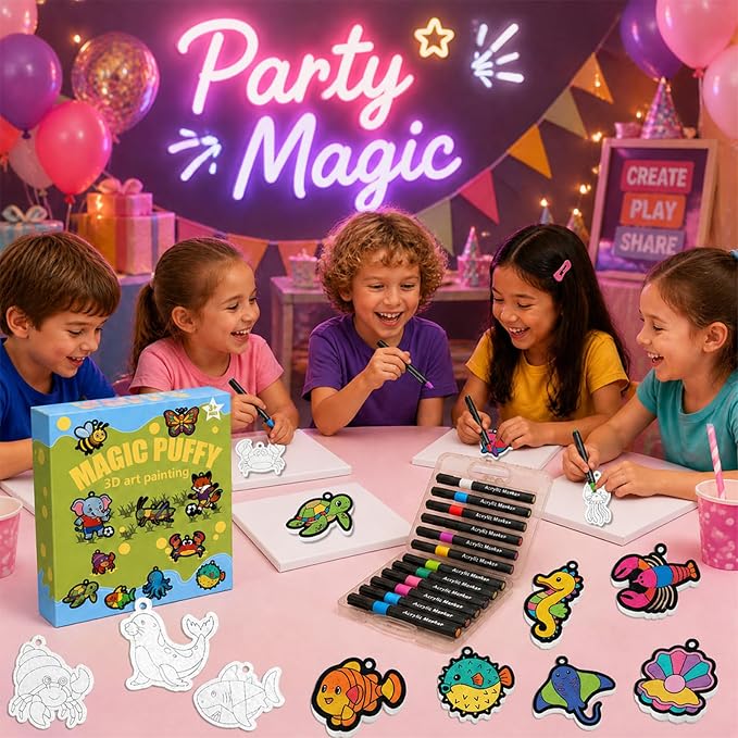 MWOMGLP Magic Foam Texture Painting Kit, 16 Pack DIY Puffy Foam Art Craft Set for Kids, 3D Sensory Painting Paper with Colorful Foam Sheets, Creative Gift for Boys Girls Ages 3+(Color Marine Animal)