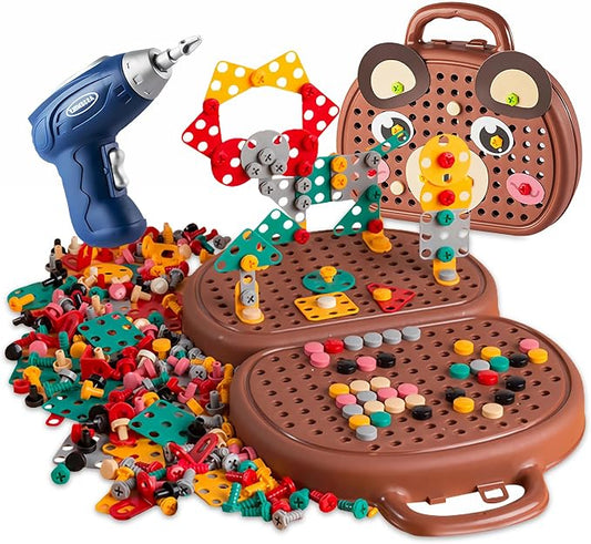 Magic Montessori Play Toolbox with Drill, 203Pcs Magic Montessori Play Toolbox Bear-Themed, 2D/3D Creativity Tool Box Montessori Toys Gift for Age 3-12 Years Old Boys Kids, Girls