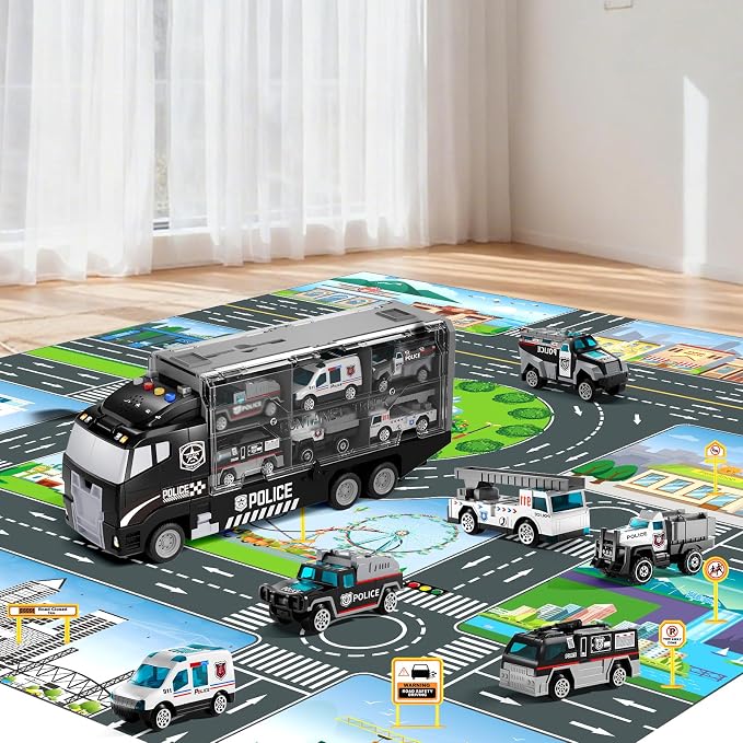 NIPLOOOW Toddler Boys Toys for 3 4 5 6 Years Old, Police Truck Vehicle Toy Set with Play Mat and Die-Cast Toy Car, Transport Carrier Truck for Kids, Birthday Gifts Toys for 3 4 5 6 7 8+ Year Old Boys
