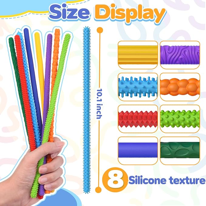 8Pack Silicone Sensory Sticks for Kid Girl Boy, Fidget Toys for Adult Silent Figette Classroom Prize Treasure Box Calming Corner ADHD Autism Autistic Airplane Travel Dementia Activities for Seniors