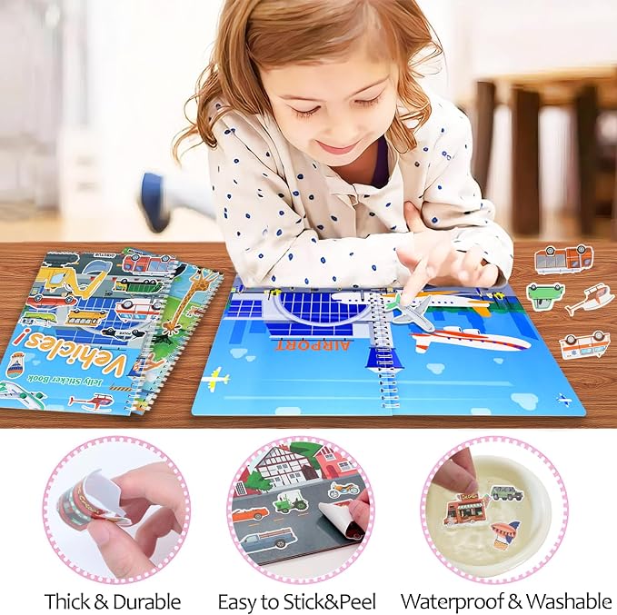 Jelly Sticker Books for Toddlers 2-4 Years, Reusable Sticker Book for Kids 1-3, Toddler Easter Basket Stuffers＆Travel Essentials Vehicles Stickers for Kids Toddler Plane Activities (Vehicles)