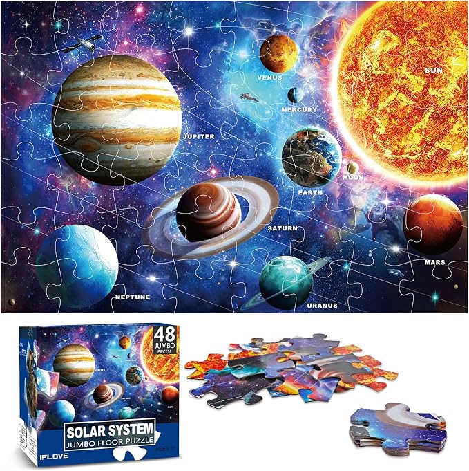 Jumbo Floor Puzzle for Kids,48 Piece Solar System Jigsaw Puzzle Ages 3-8 | Learn the Planets,Extra-thick Cardboard,Preschool Learning Toy,35x24 in Completed,Ages 3-8,Birthday Gift for Boys and Girls