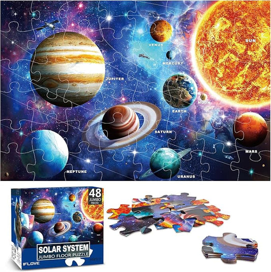 Jumbo Floor Puzzle for Kids,48 Piece Solar System Jigsaw Puzzle Ages 3-8 | Learn the Planets,Extra-thick Cardboard,Preschool Learning Toy,35x24 in Completed,Ages 3-8,Birthday Gift for Boys and Girls