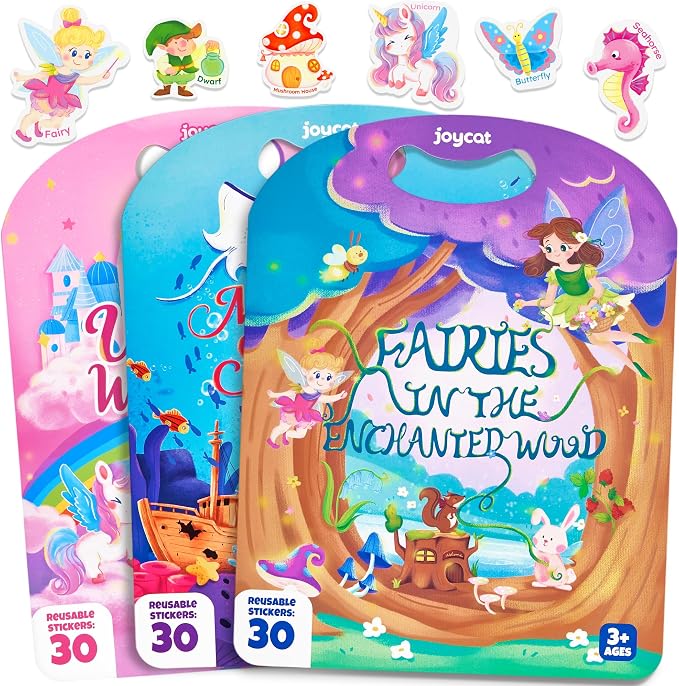 JoyCat Reusable Sticker Book Set for Kids, 3-Pack, Unicorn Fairy Mermaid | 90 washable stickers, kids car activities, road trip toy, party favors, toddler girl birthday gift, preschool creative play
