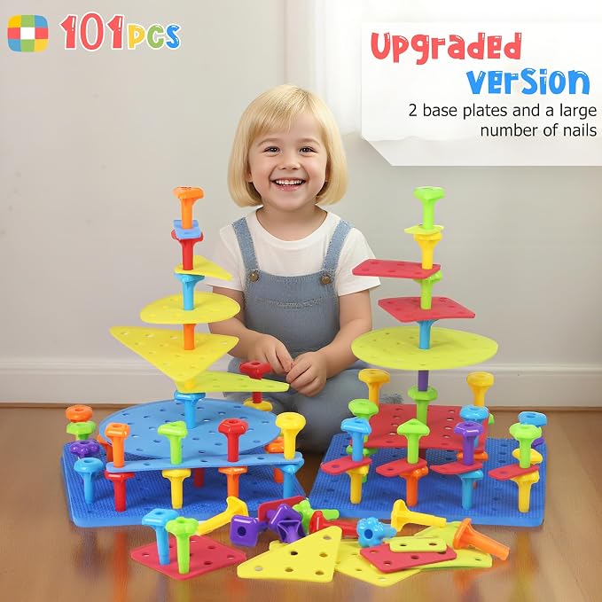 Ggiibro Peg Board Toy Set 101Pcs DIY Building Stacking Toys for Kids 3-6 Years Old,STEM Educational Kids Toy for Brain Development,Montessori Sensory Toys,Plastic Lacing String Game