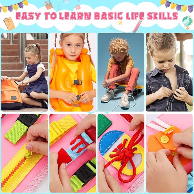 AIXMEET Toddler Busy Board Montessori Toys, Sensory Board Busy Book | toys for Toddlers 3456 Year Old , Preschool Learning Activities with Life, Shape,Color,Animal,Weather,8 Pages (Pink)