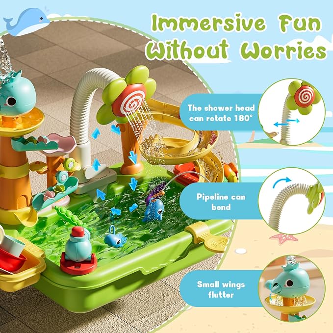 Upgraded 4-in-1 Sand Water Table for Toddlers 1-3, Kids Sensory Table with Electric Water Pump & Sun Flower Faucet, Play Kitchen Sink with Food Accessories, Fishing Toy ‒ Adjustable Height