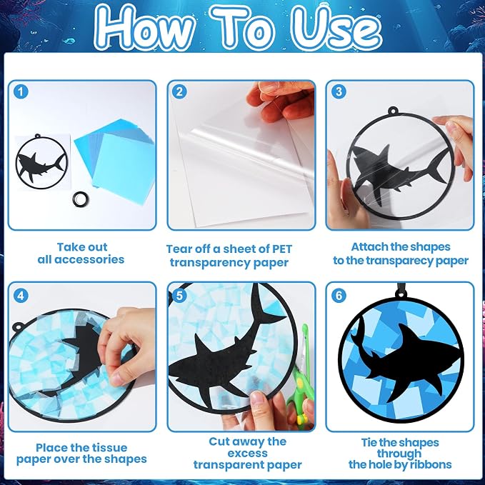 Qyeahkj 36 Set Shark Suncatchers Crafts Under the Sea Suncatchers Craft Ocean Fish Tissue Paper Kit Summer Fish Tissue Paper kit Window Hanging Decoration for Home Art Project Party Favor Gift