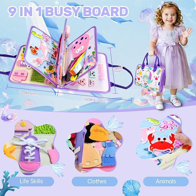Aurasys Toddler Busy Board Montessori Toys for Girls Birthday Gift | Sensory Busy Book Educational Learning Activity Board for Toddler Girls, Travel Activities Toys for Airplane Car