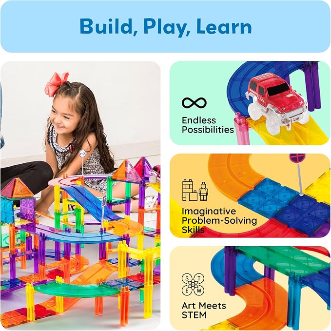 PicassoTiles 150 Piece Race Car Track, Magnetic Building Set with 4 Cars 3+ | BPA-free plastic, screen-free STEM fun, sharpens hand-eye motor skills, expands into full-size collections, smooth safe edges