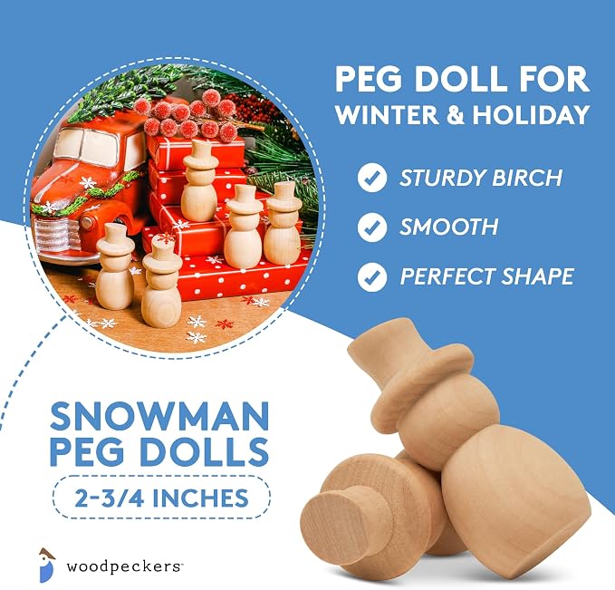 Snowman Peg Dolls 2-13/16 inch, Pack of 25 Wooden Peg Dolls for Christmas Crafting, Nativity Scenes, Holiday Decorations, by Woodpeckers