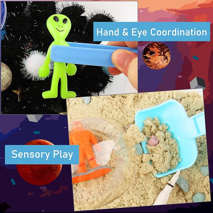 Space Themed Sensory Bin Filler,Planet Toys for Kids, Universe Solar System for Autistic Children, Space Astronauts Sensory Toys for Toddlers with 9 Planets, Sand, 3 Tools and More