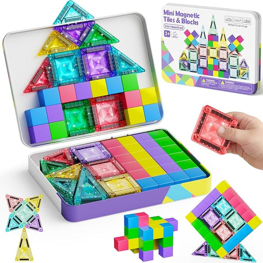 burgkidz Magnetic Tiles Travel Set: 48PCS 3-in-1 Tin Box Mini Magnet Blocks | 60-Mins Quiet Focus with 45-Second Cleanup, Perfect for Air Travel & Car Trips Boys & Girls Ages 3-8
