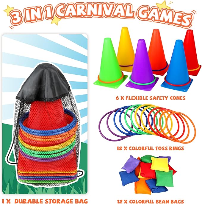 31 PCS Christmas Carnival Games, 3 in 1 Indoor Outdoor Bean Bag Ring Toss Games for Kids Birthday Party, Plastic Soft Cones Yard Lawn Game for Family Party Kid's Gift
