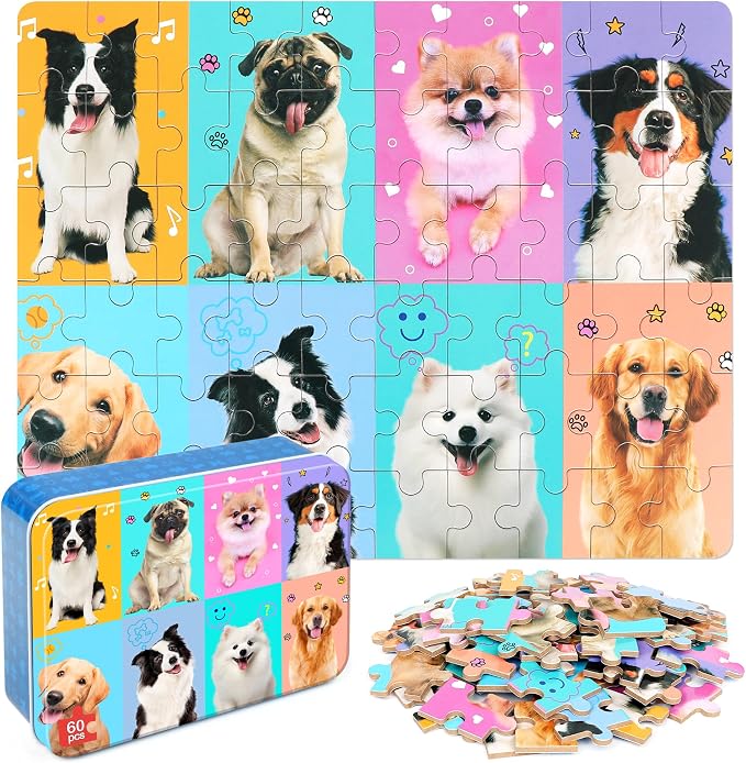 LELEMON Puzzles for Kids Ages 4-6,60 Piece Puzzles for Kids in Metal Box | Dog Children Jigsaw Puzzles for Kids Ages 3-5 Kids Puzzles,Educational Learning Puzzle Toys for Girls and Boys