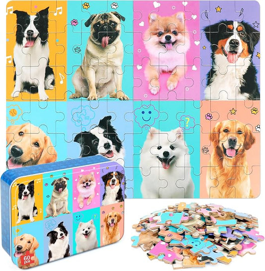 LELEMON Puzzles for Kids Ages 4-6,60 Piece Puzzles for Kids in Metal Box | Dog Children Jigsaw Puzzles for Kids Ages 3-5 Kids Puzzles,Educational Learning Puzzle Toys for Girls and Boys