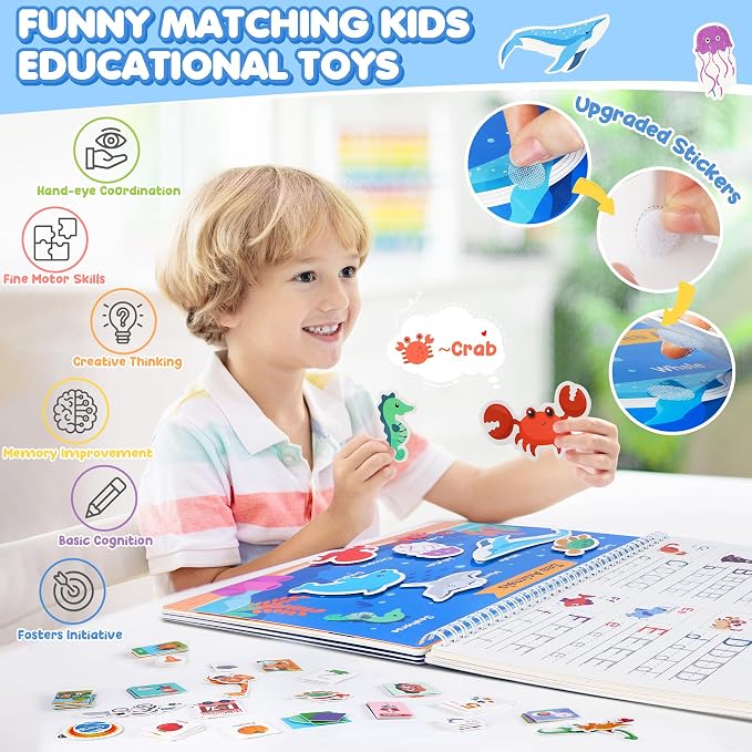 Busy Book for Toddlers 3-5, 36 Montessori Preschool Learning Activities | 36 Activities with Matching, Tracing and Coloring, Plus 8 Markers and 184 Stickers for Travel, Homeschool and Quiet Time