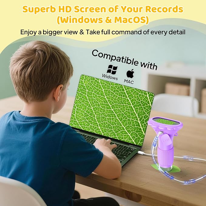 Ashfly Microscope for Kids 200x Zoom 2-Inch HD Kids Microscope Camera - STEM Learning Kit | Portable Science Tool | Perfect for Ages 3-12 Girls | Purple