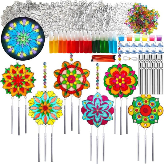 30 Set Mandala Suncatcher Wind Chime Craft Kits, Flower DIY Window Art | Mandala Flower Craft Art Kit decor for Spring Summer seasonal events, home gatherings, celebrations, art projects