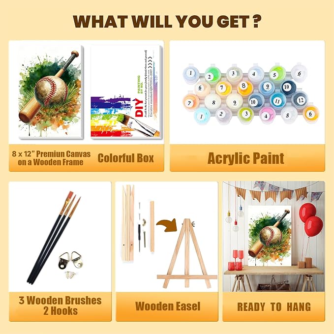 Baseball Paint by Numbers Kit for Kids with Framed Canvas - Wooden Easel | Ball Sports Paint by Numbers for Kids Ages 8-12, Acrylic Oil Painting Kits with Nice Gift Box for Wall Decor (12x8 inch)