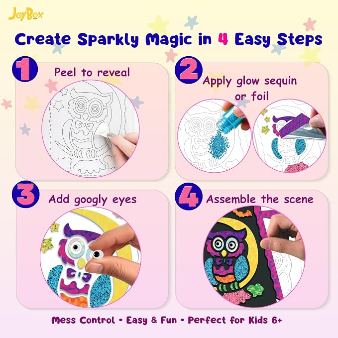 JoyBox Foil Fun–DIYKids Paper Foil Art Craft Kit for&Travel Screen-Free Fun | Birthday Party Gifts for Ages 4-9 and Up,Art Travel Toys for Boys Girlsmagical unicorn‑themedincludes glow‑in‑the‑dark