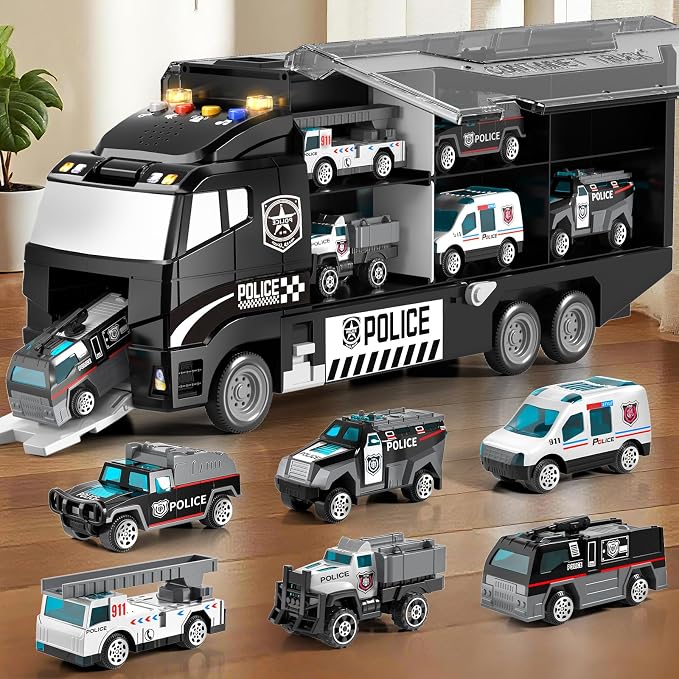 Toddler Boy Police Car Toy Set with Light & Sound,Die-Cast Toy Car,Play Mat | Police Car Toy Trucks for Boys Age 4-7,Birthday & Christmas Gift for Boys & Girl,Friction Powered Truck Toy for Kids Ages 4-8