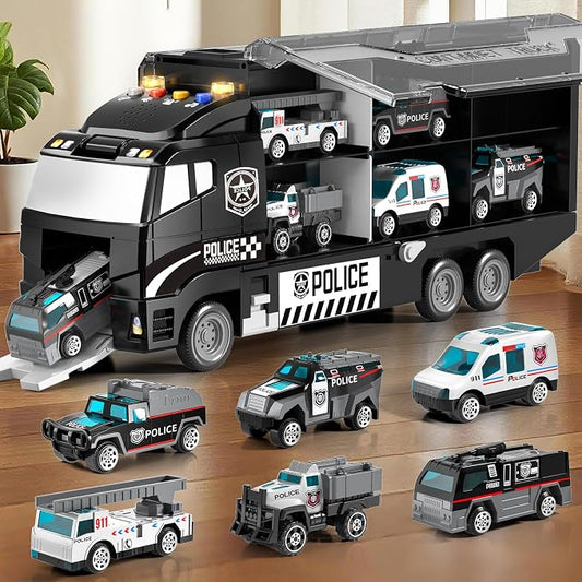 Toddler Boy Police Car Toy Set with Light & Sound,Die-Cast Toy Car,Play Mat | Police Car Toy Trucks for Boys Age 4-7,Birthday & Christmas Gift for Boys & Girl,Friction Powered Truck Toy for Kids Ages 4-8
