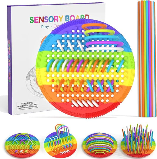 Silicone Sensory Activity Board for Toddlers Fine Motor Skills Fidget Toys | Kids calming noodles threading board eases anxiety ADHD autism portable classroom airplane office gift for adults all ages