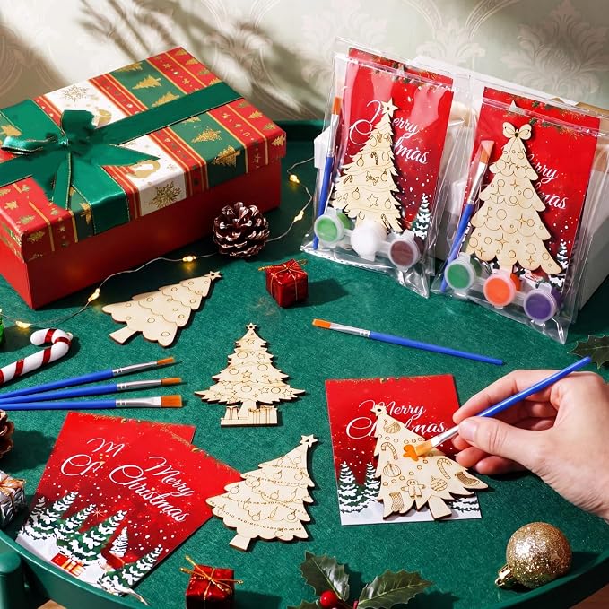 Saypacck 24 Pcs Christmas Tree Party Favors Wooden Paint Craft Kits | Includes Brushes Paints, Christmas Tree Designs, Organza Bags for Goodie Bag Fillers, Christmas Stocking Stuffer Gifts