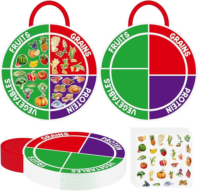 Cinrobiye 24 Set My Plate Food Stickers Preschool Vegetables Fruit Protein Grains Food Diary Early Learning Play Kit My Plate Food Chart Stories Games for Home School Classroom Supplies