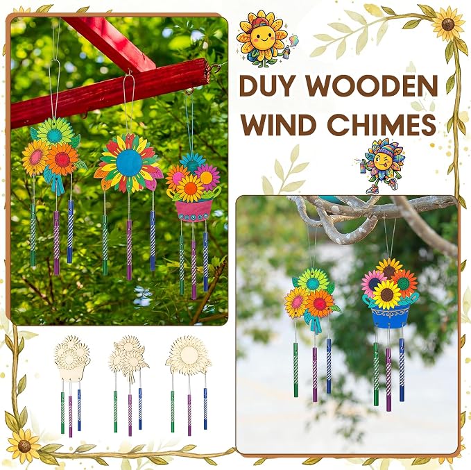 Leinuosen 30 Pcs Wind Chime Kit Make Your Own Sunflower Windchimes for Kids | DIY Windchimes Crafts Decorative Coloring Wooden Crafts for Spring Summer Party Art Activities Garden Home Patio Decorations