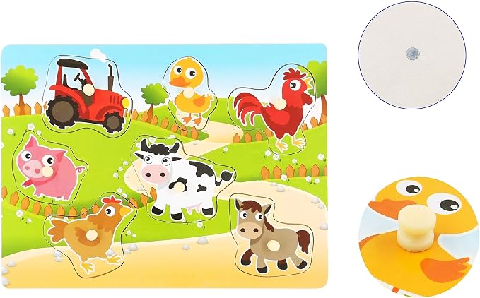 Wooden Puzzles Farm Chunky Baby Puzzles Peg Board, Full-Color Pictures for Preschool Educational Jigsaw Puzzles, 7Pieces
