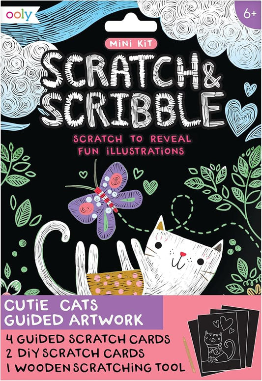 Ooly Mini Scratch & Scribble Art Kit, 6 Cards – Cutie Cats | Ages 6+, Wooden Stylus Included, Compact Car and Airplane Travel Activity, Screen-Free Craft, Fun Gift for Kids