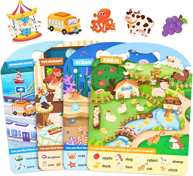 JoyCat Reusable Sticker Book Set, 4-Pack, 120+ Stickers, Kids Travel Toys | Sticker activity books for toddlers offer car, airplane and road trip fun; preschool educational gifts for boys and girls.