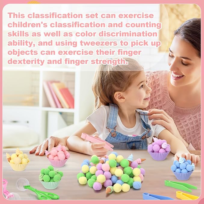 136 Pcs Ice Cream Sensory Bin Filler Counting Sorting Fine Motor Toys | 100Pcs Pom Pom 20Pcs Mini Ice Cream 10Pcs Sorting Cups 4Pcs Tweezers 2Pcs Scissors Clips for Preschool Early Education