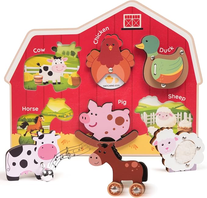 KALOTOYS Wooden Farm Animal Puzzle for Toddlers 1-3 – 6 Piece Montessori Sound & Sensory Puzzle with Textures & Hatching-Egg Chicken – Fine Motor Learning Toy & Autism-Friendly Baby Gift