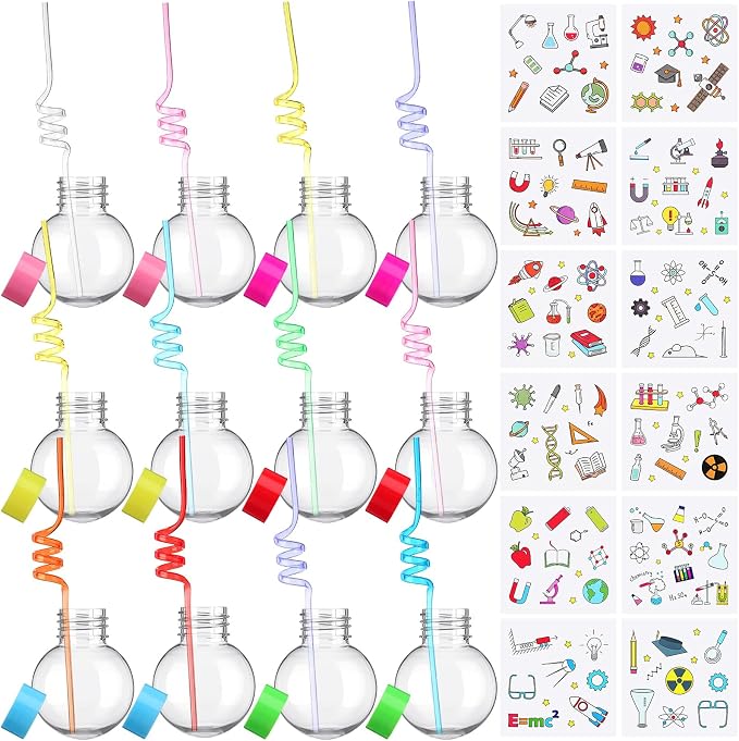 Jingmore 36 Pcs Science Party Theme Cups Set with Silly Loop Straws Science Stickers Plastic Reusable Small Conical Flask Bottles Test Tubes for Birthday Party Decorations(Spherical Bottles)