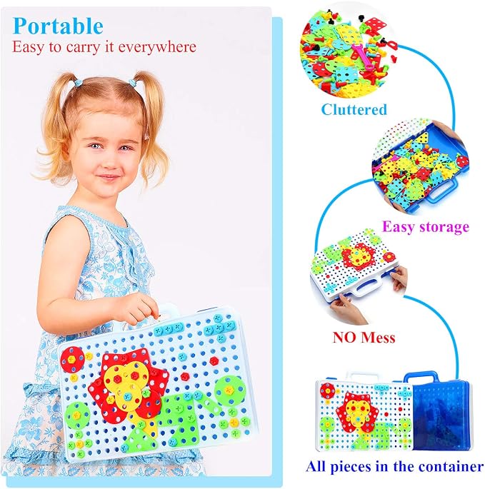 HAPTIME Design and Drill Toy,Educational Toys Building for Kids Ages 3-8,STEM Toys for 3 4 5 6 Year Old,193 Pcs Electric Drill Toy,Magic Montessori Play Toolbox for Toddler Boys Girls Preschool