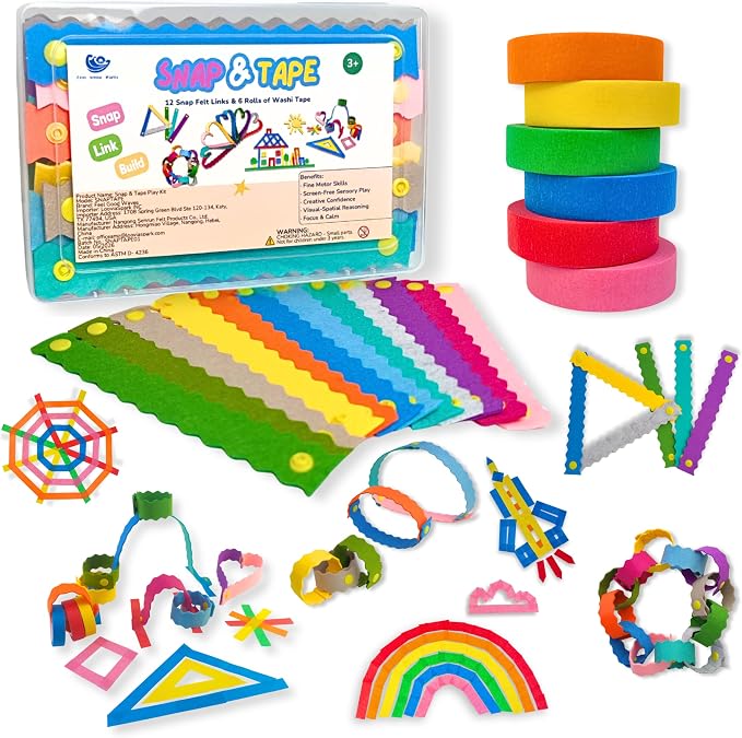 Feel Good Waves Snap & Tape Play Kit - Kid Travel Toy - Fine Motor -Fidget | 12 felt snap links, 6 washi tapes & carry case, screen-free for airplane, car & restaurant, sensory play, US safety certified