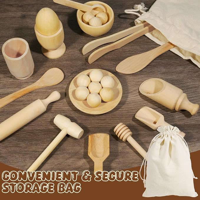 Hiawbon 25PCS Wooden Sensory Bin Tools for Toddlers Sensory Bin Filler | Wooden Pretend Play Sensory Tools Montessori Sensory Wooden Toys Fine Motor Learning Toys for Counting Sorting