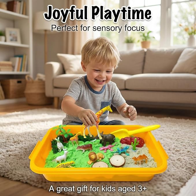 Carolart Jungle Sensory Bin, Animal Sandbox & Sensory Sand Kit | Safari animal habitat play set with wild animal toys, gift for boys and girls ages 3-8, sensory play activity