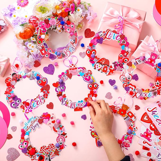 Hollowfly 48 Sets Valentine DIY Heart Wreath Craft Kits for Kids Activities | 8 Cute Valentine Heart Themed Designs, Good for Valentine Wall Decor, Kids Valentines Art Projects & Classroom Party Favors