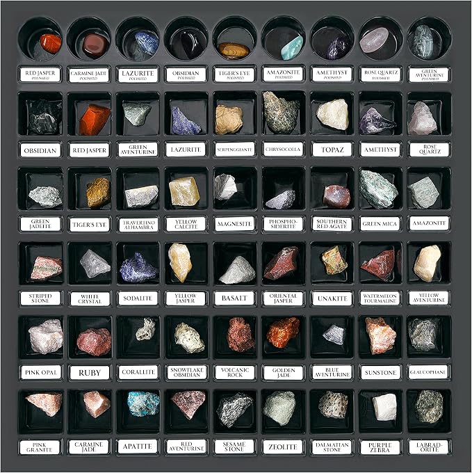 PIBEX Rock Collection Starter Kit, 54 Rocks & Minerals with Name Labels | 9 Polished Gems, 45 Crystals & Stones, Rock ID Cards, Learning Book, Collector Storage Box, Geology Gift for Kids Ages 8+